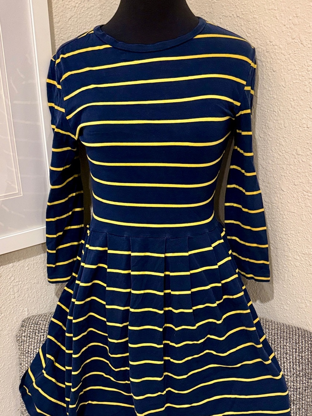 Women’s Navy and Yellow Striped Long-Sleeve Dress size Small
